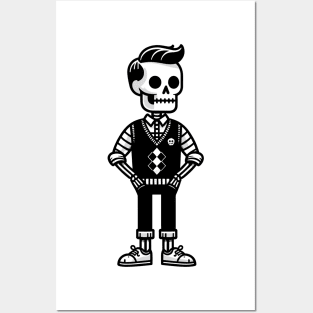 Minimalist Preppy Skeleton - Black and White Cartoon Posters and Art